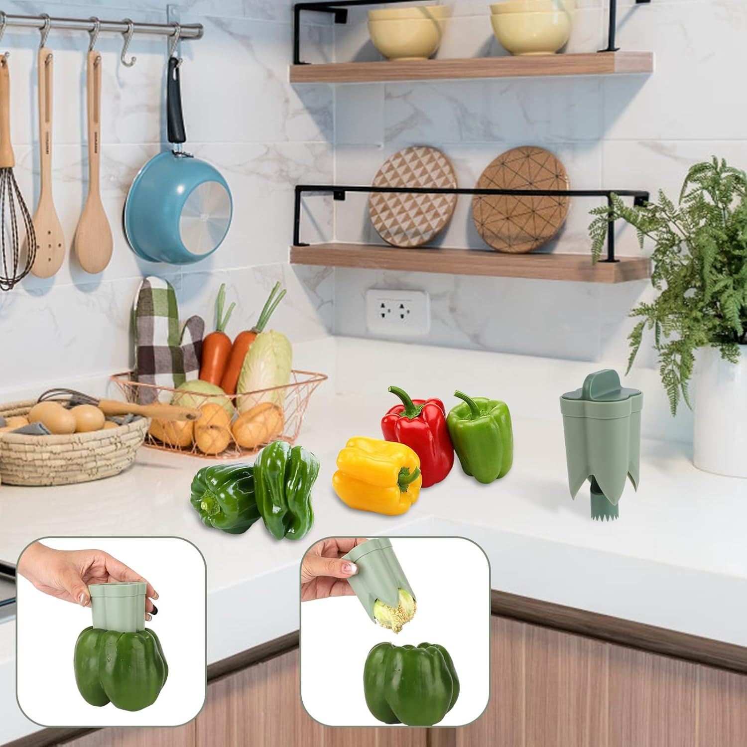 2Pcs Pepper Corer, 4.45X2.2X2.2In/11.3X5.6X5.6Cm ABS Material Pepper Deseeder 2 In1 Fruit Corer Cutter Kitchen Essential for Kitchen Home Family Camping(Green) image number 4