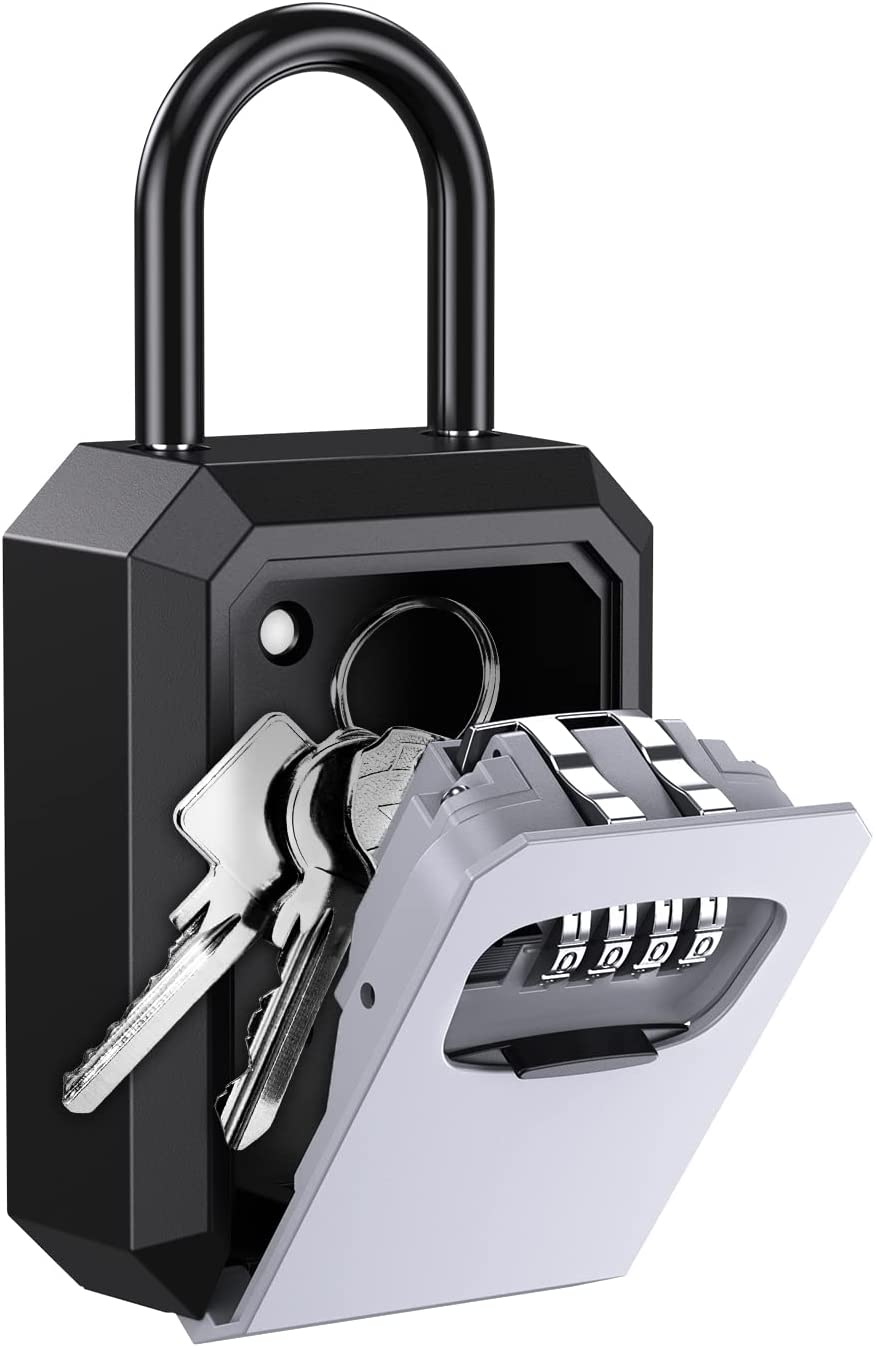 OQIMAX Key Lock Box,Key Safe Box 4 Digit Combination Key Lock Box for Outdoor with Removable Shackle,Weatherproof Key Box,2 Install Ways Hanging &Wall Mounted for Home Warehouse Garage