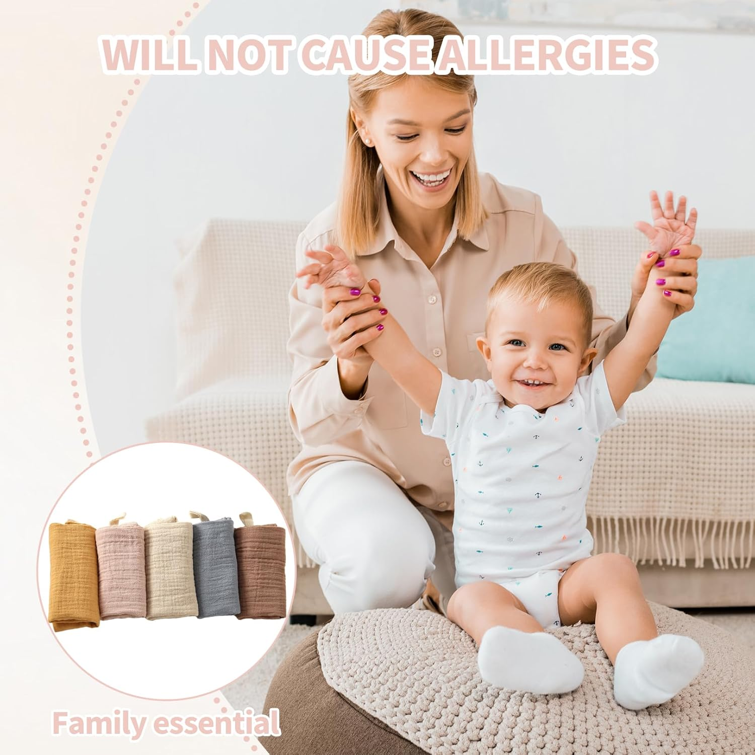 Toumett 5 Pcs Muslin Cloths for Baby,Wash Face Muslin Squares,Baby Essentials for Newborn,Burp Cloths,Natural Cotton,For Newborn Baby/Boy/Girl Wiping Bathing Feeding (23X22Cm) image number 5