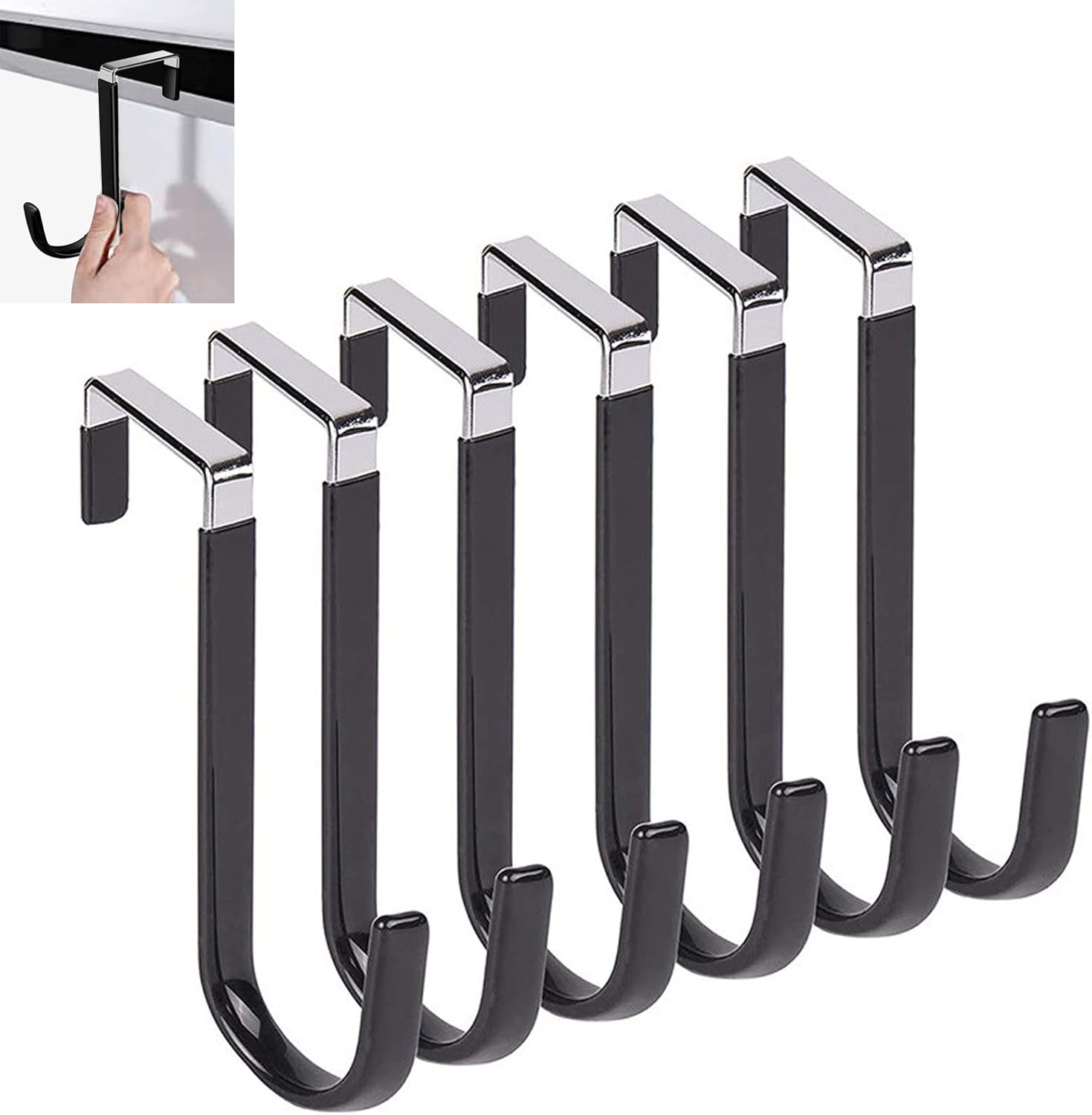 6 Pack over the Door Hooks,With Rubber Prevent Scratches,Door Hangers for Closet, Kitchen, Bathroom(Black)