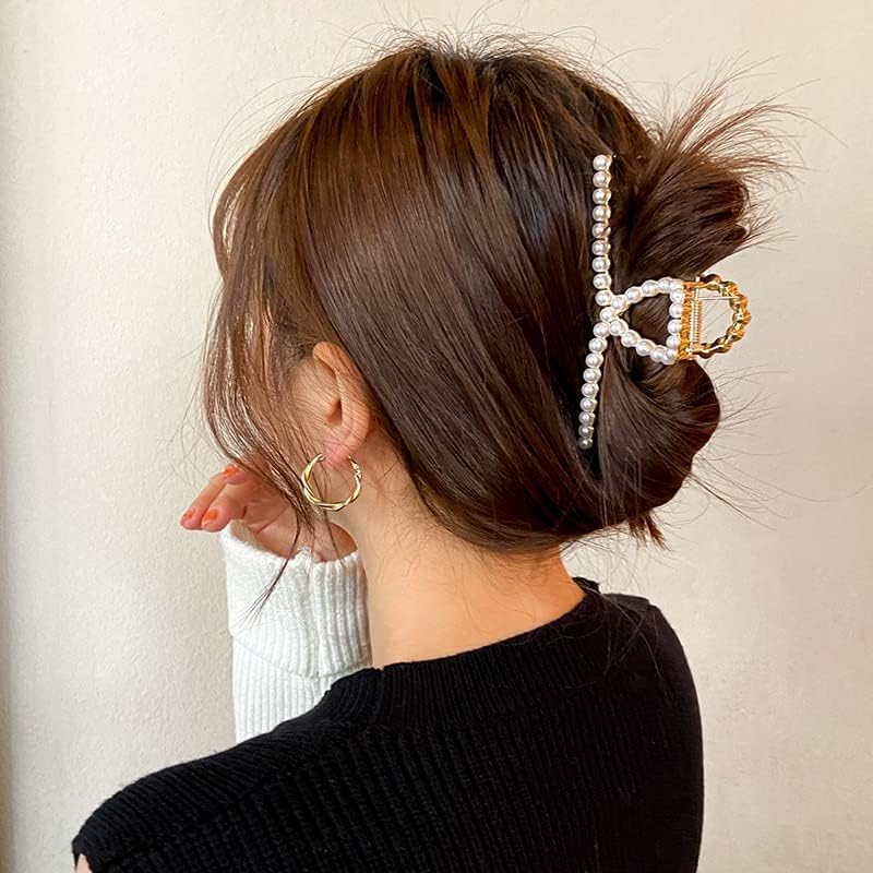 2 Pcs Matte Gold Pearl Gold Large Metal Hair Claw for Women with Pearls Non-Slip Hair Clips Thick Hair Threaded Gold Claw Clips Shining Strong Crab Claws Cross Hair Barrettes Hair Clips image number 6