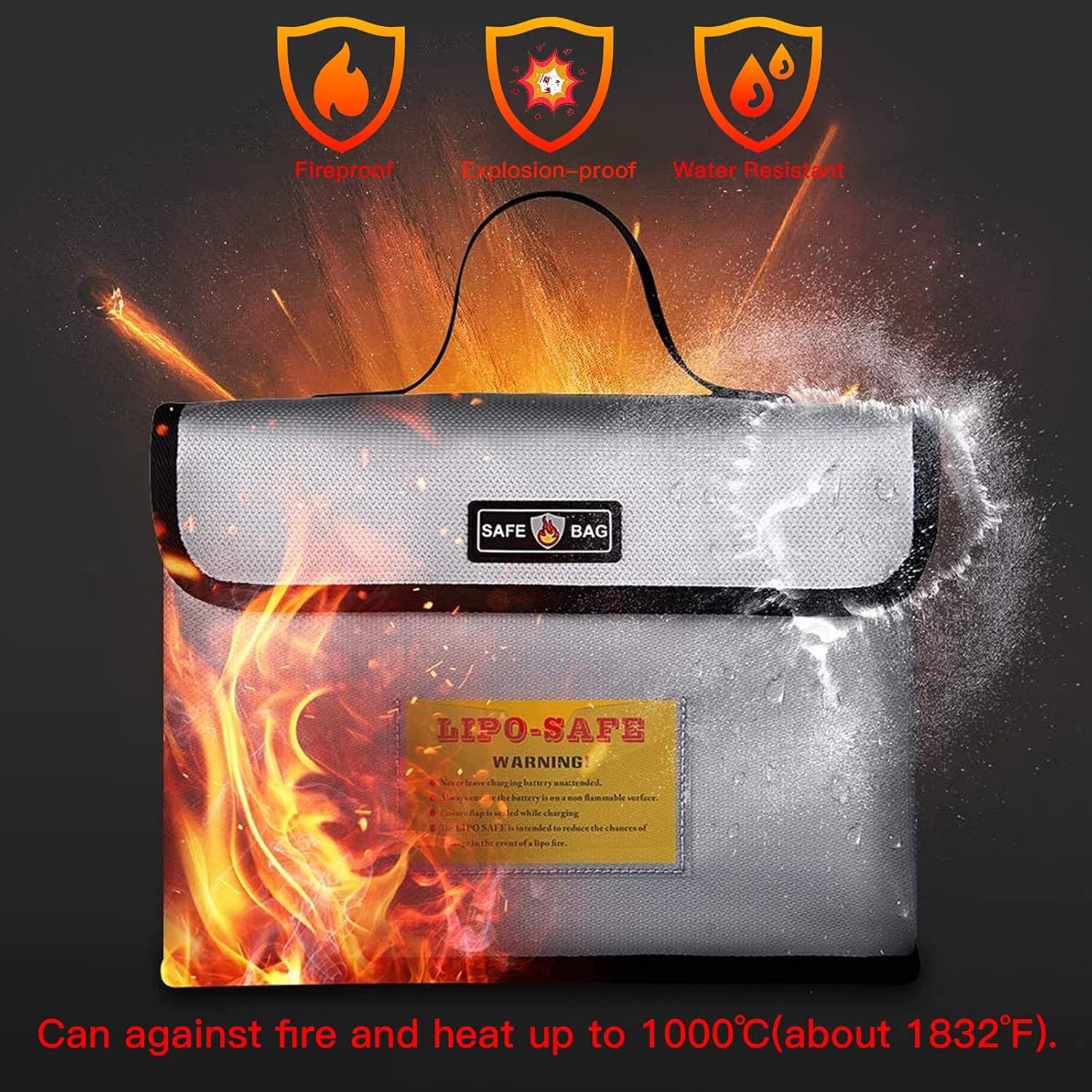 Lipo Bag, Portable Fireproof Explosionproof Lipo Battery Guard Safe Bag Large Storage Space for Battery Storage and Charging with Double Metal Zipper Case Pouch, 260 * 130 * 190Mm image number 4
