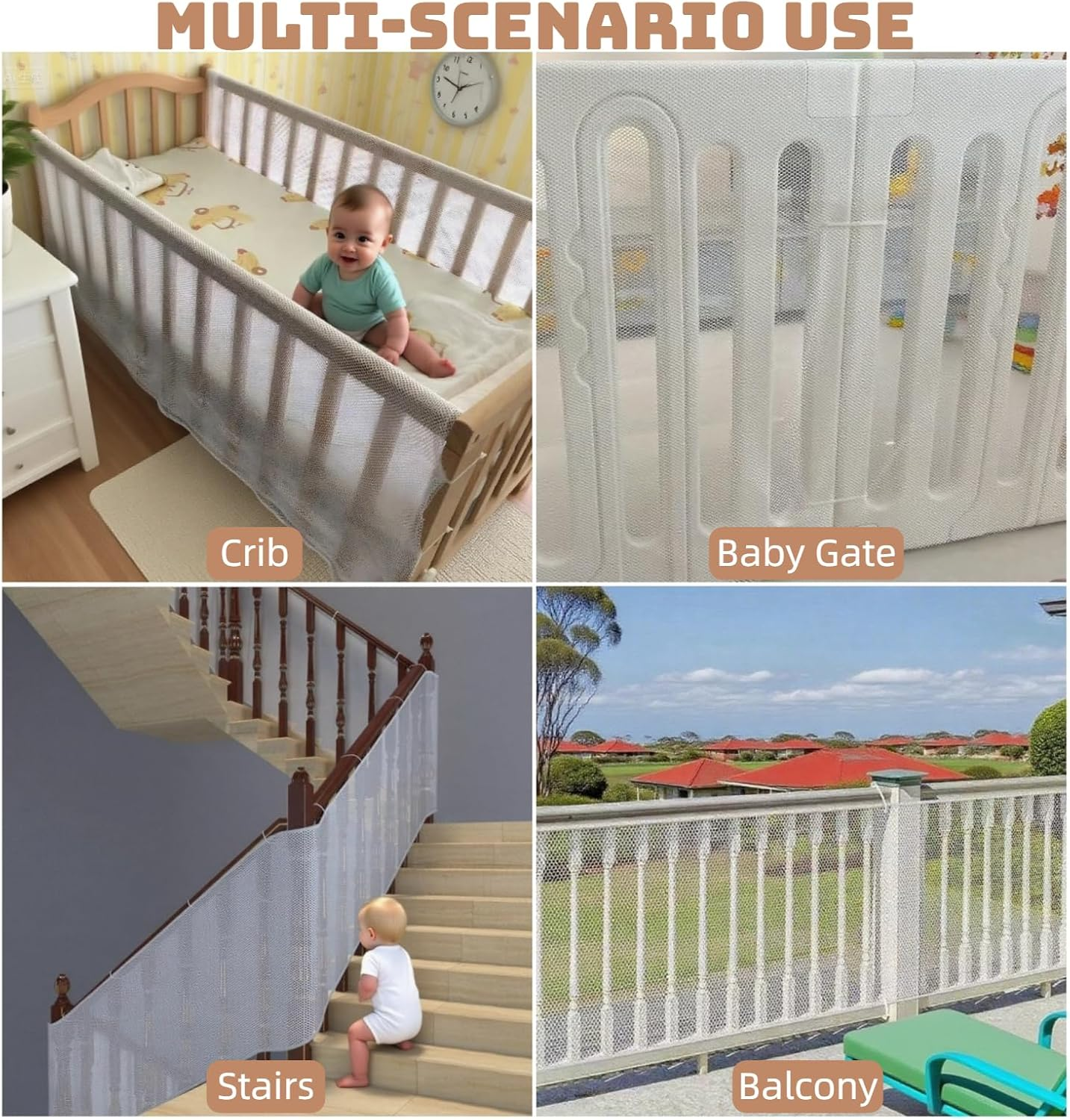 Baby Safety Net for Stairs and Balcony, Child Proof Mesh Guard with Easy Installation, White Protective Barrier for Indoor & Outdoor Use, 78Cm X 300Cm (2.6Ft X 9.8Ft) ﻿