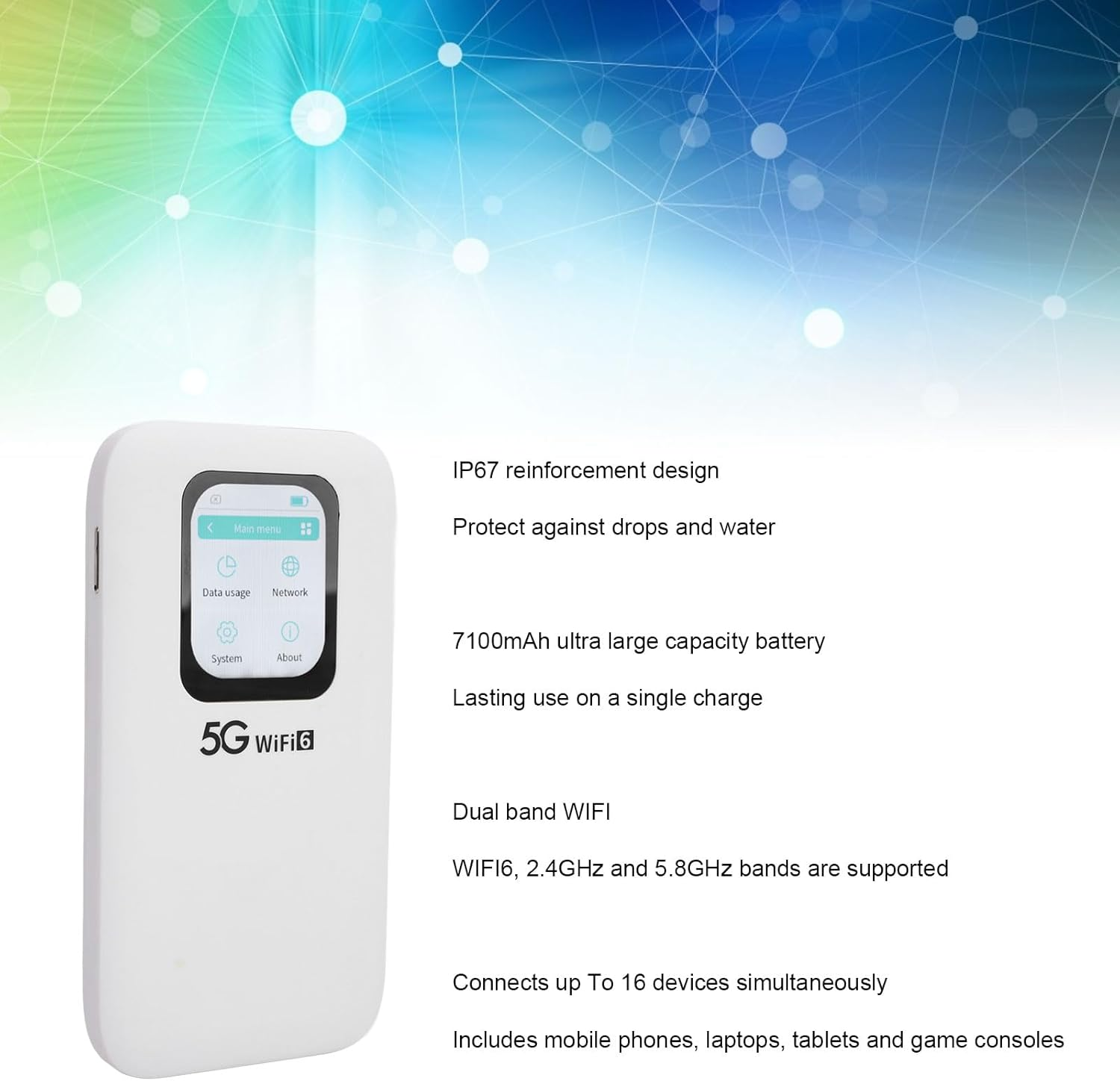 5G Mobile Hotspot with Wifi 6 2.77Gbps Speed IP67 Rugged Portable Wifi for Travel, 16 Device Support Band Connectivity image number 4