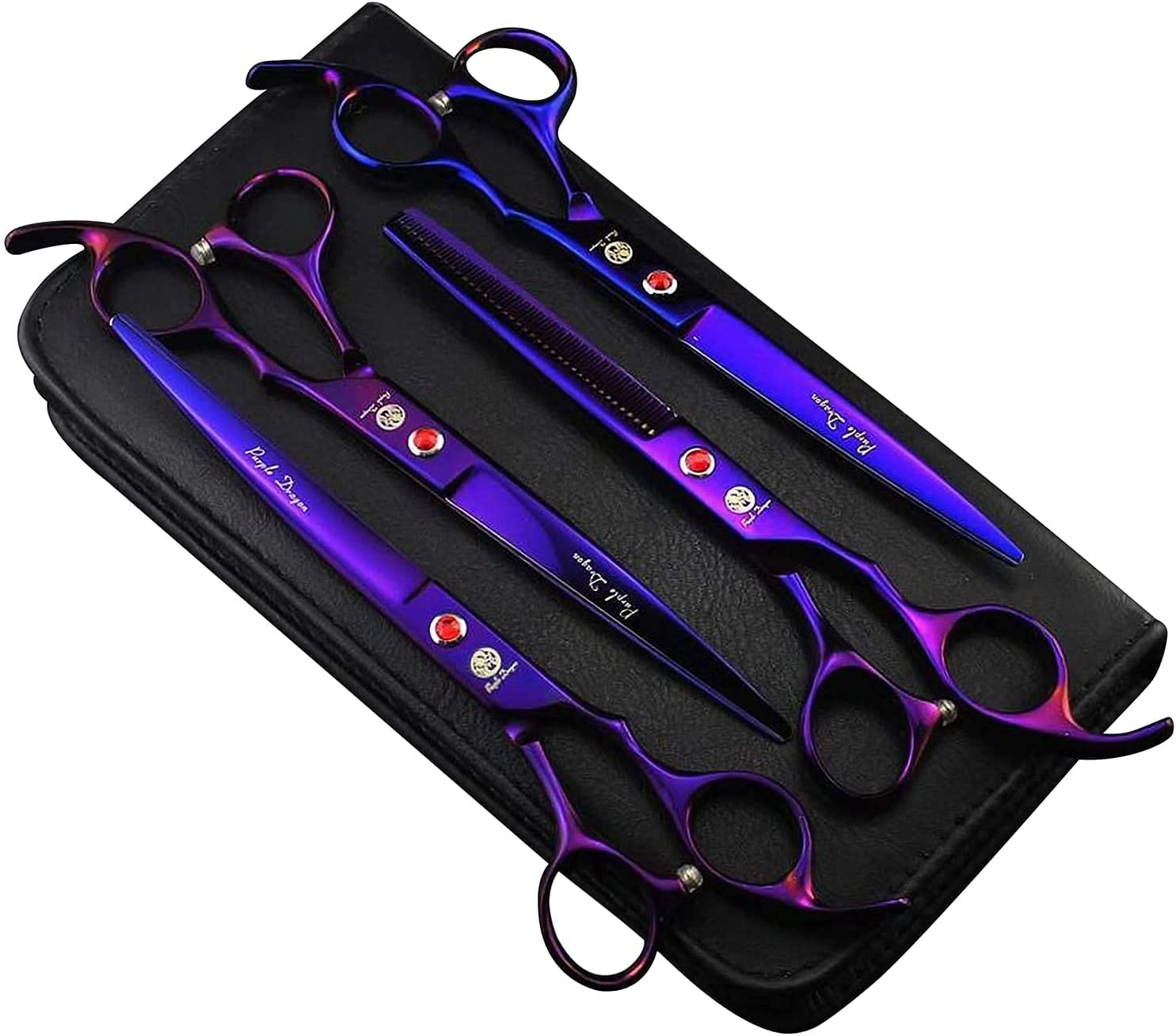 Purple Dragon Professional 7.0 Inch 4PCS Pet Grooming Scissors Kit Japan Premium Steel Straight & Curved & Thinning Blade Dog Hair Cutting Shears Set with Case (Blue)