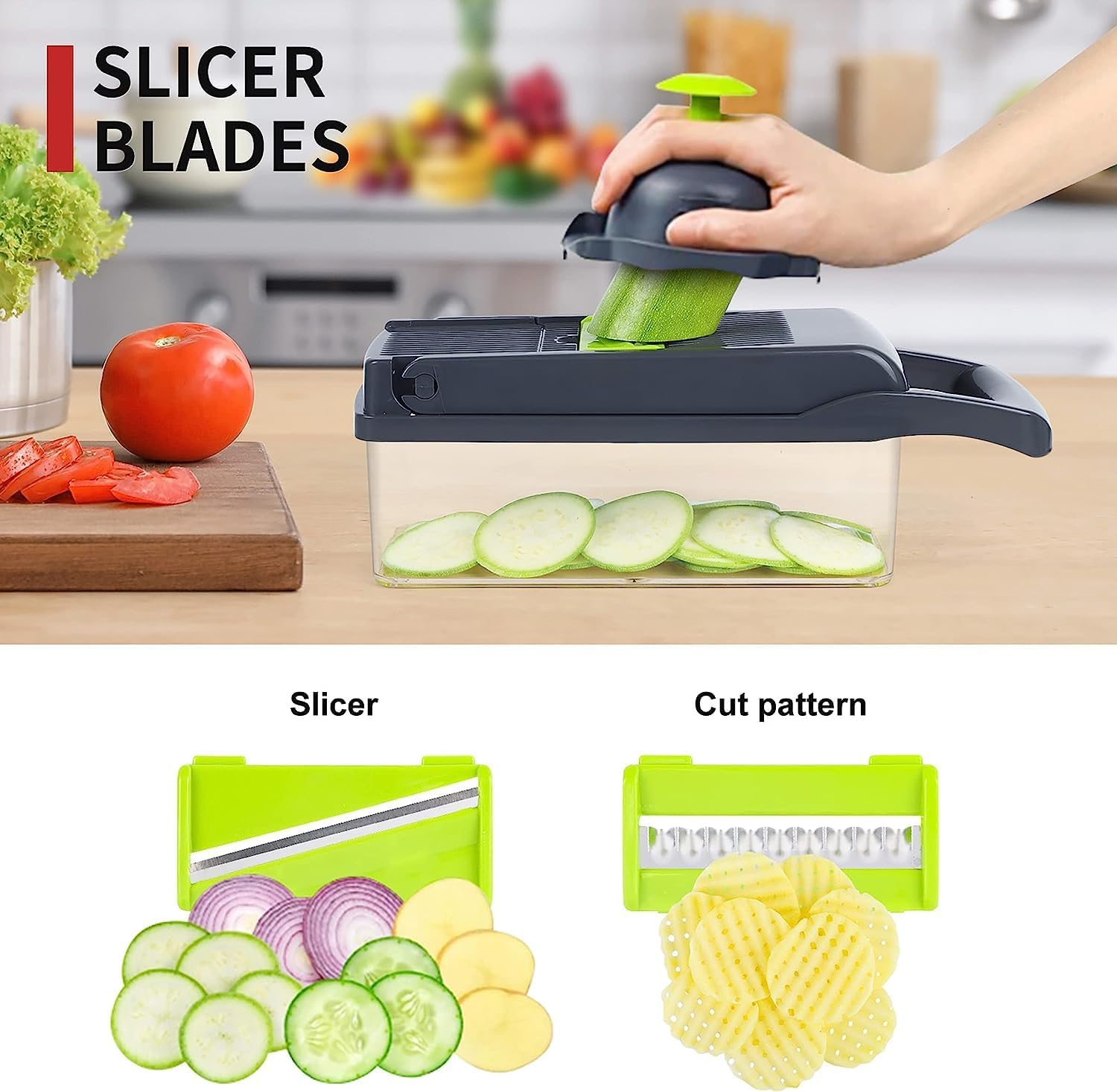 Vegetable Chopper and Slicer, 14 in 1 Mandoline Slicer with Stainless Steel Blades and Container, Multifunctional Onion Chopper and French Fry Cutter - Easy to Clean and Safe for Vegetables and Fruits image number 5