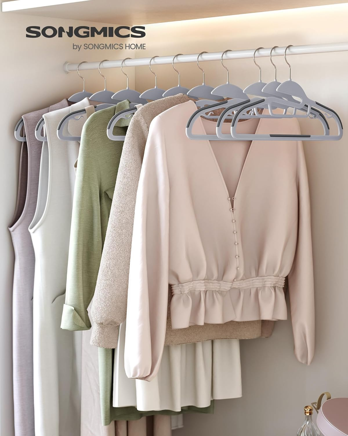 SONGMICS 30 Pack Coat Hangers, Heavy-Duty Plastic Suit Hangers, S-Shaped Opening, Space-Saving, 360&ordm; Swivel Hook, 16.3 Inches Wide, Light Gray and Dark Gray UCRP041G05 image number 4