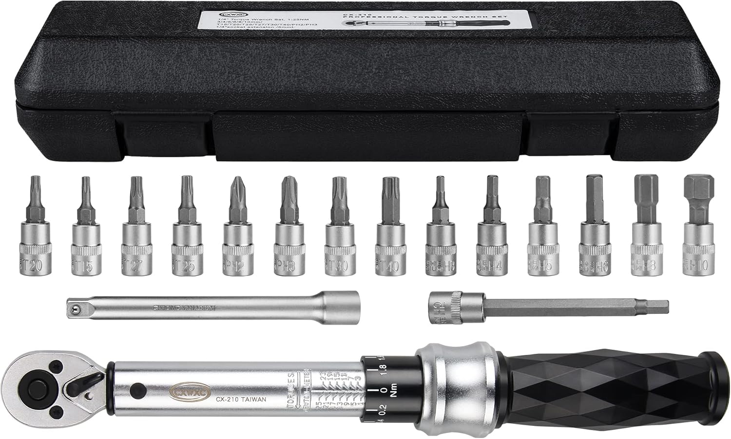 Bike Torque Wrench Set 1/4" Drive Click 1-25 Nm - Bicycle Maintenance Tool Kit for Road/Mountain Bikes - Includes Allen, Torx, Philip, Extended H5 Socket Bit Repair Set, Extension Bar & Storage Box image number 6