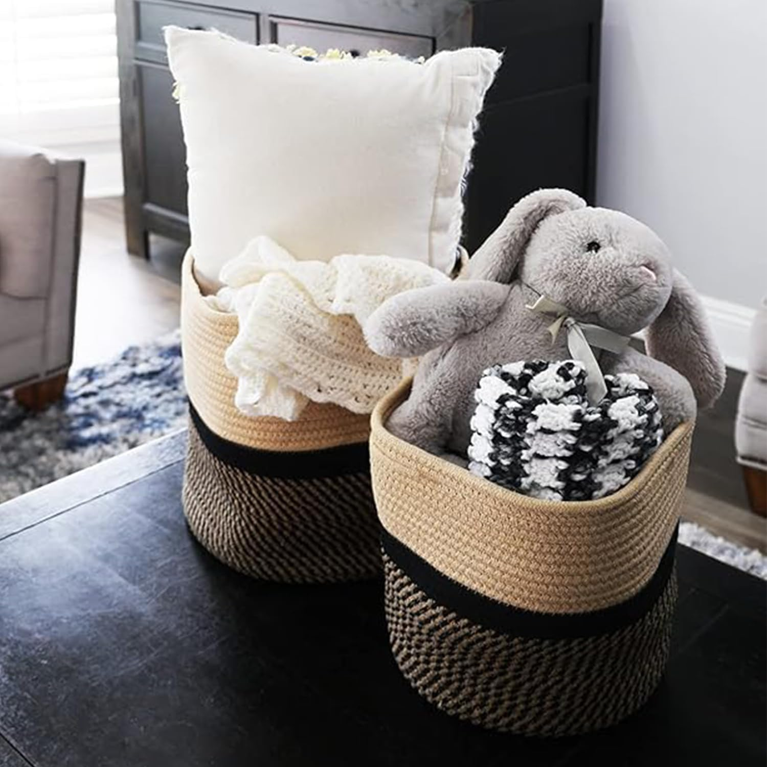 2 Pcs Jute Cotton Rope Plant Basket, Woven Baskets for Flower Pot Home Decor, round Indoor Planters Storage Organizer, Brown Black 25 * 25 * 25Cm, Storage Organizer Basket Rustic Home Decor image number 2