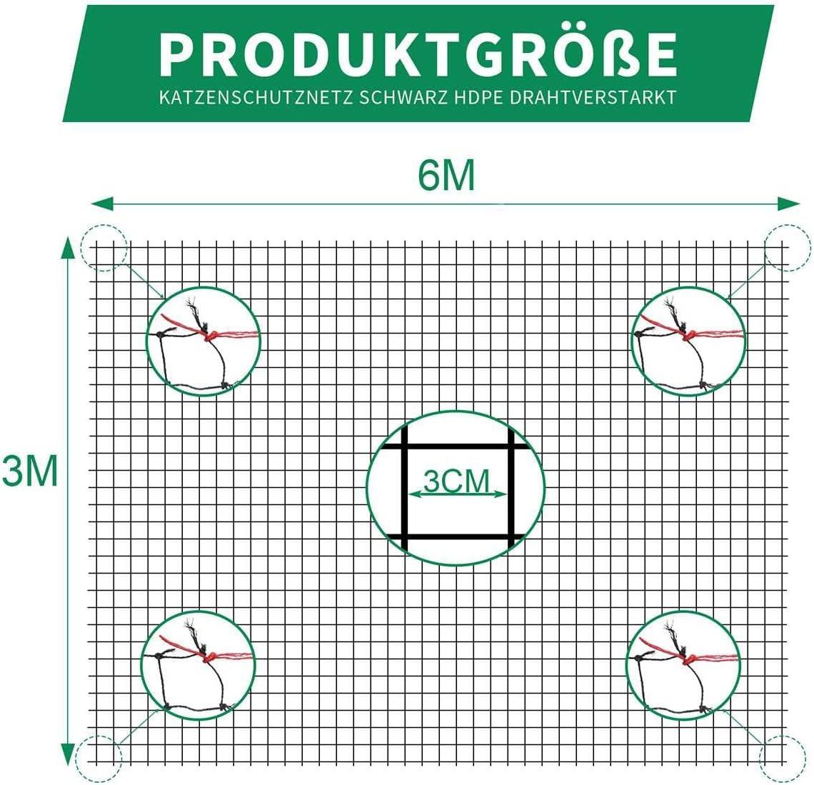 Tatamiyya Cat Net for Balcony, 6 X 3 M Cat Net, Wire-Reinforced, Robust, Uv-Resistant and Weatherproof, Protective Net for Balconies and Windows (Black) image number 3