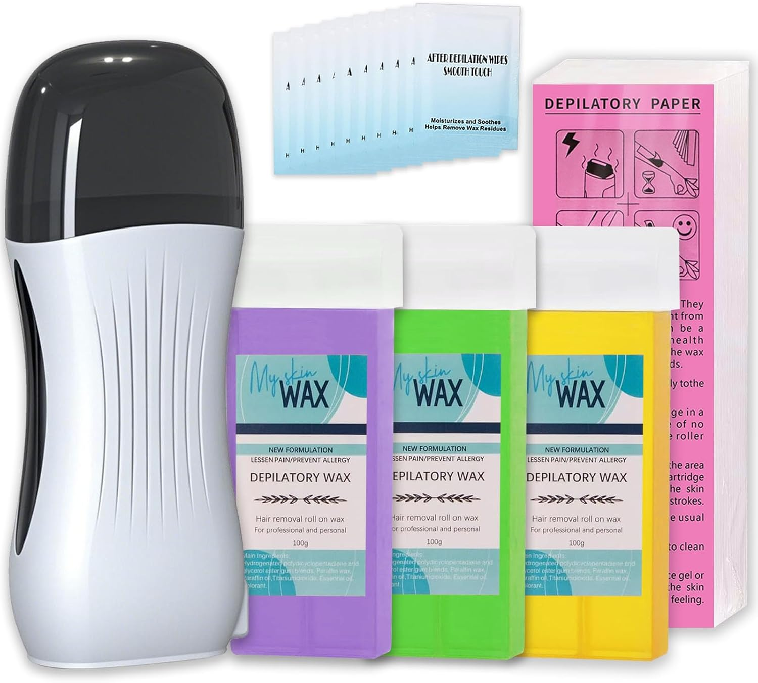 Roll on Wax Kit, Waxing Kit for Women and Men, Roll on Wax Warmer for Hair Removal, Wax Roller Kit for All Skin Types, Soft Wax Heater with 3 Pcs Wax Cartridges & 100 Pcs Wax Strips (White Round)