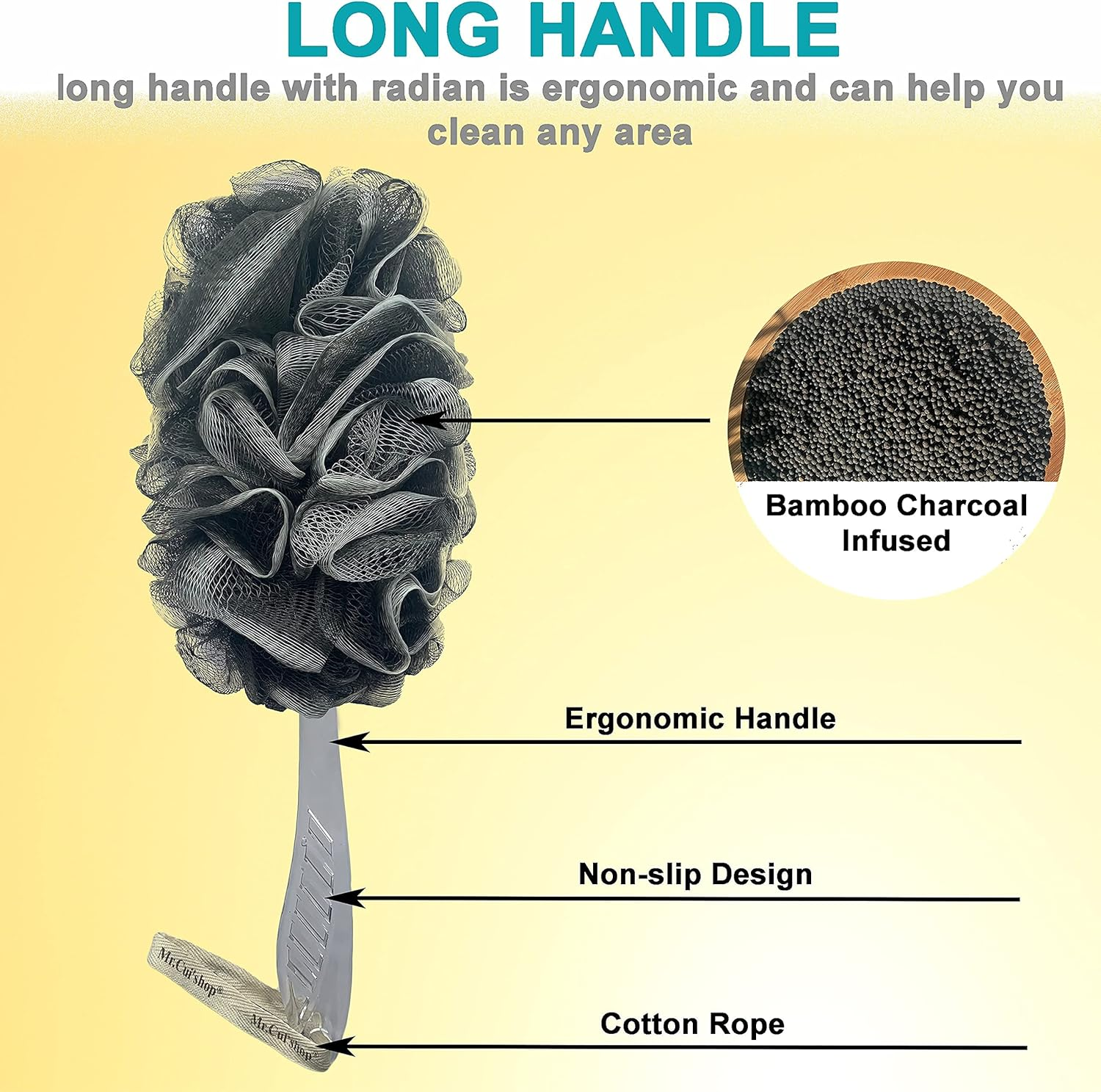 2PACK Bamboo Charcoal Fiber Exfoliating Loofah Luffa Loofa Bath Back Brush on a Stick - Long Handle with Radian Is Ergonomic for Men and Women - Shower Sponge Body Back Scrubber image number 2