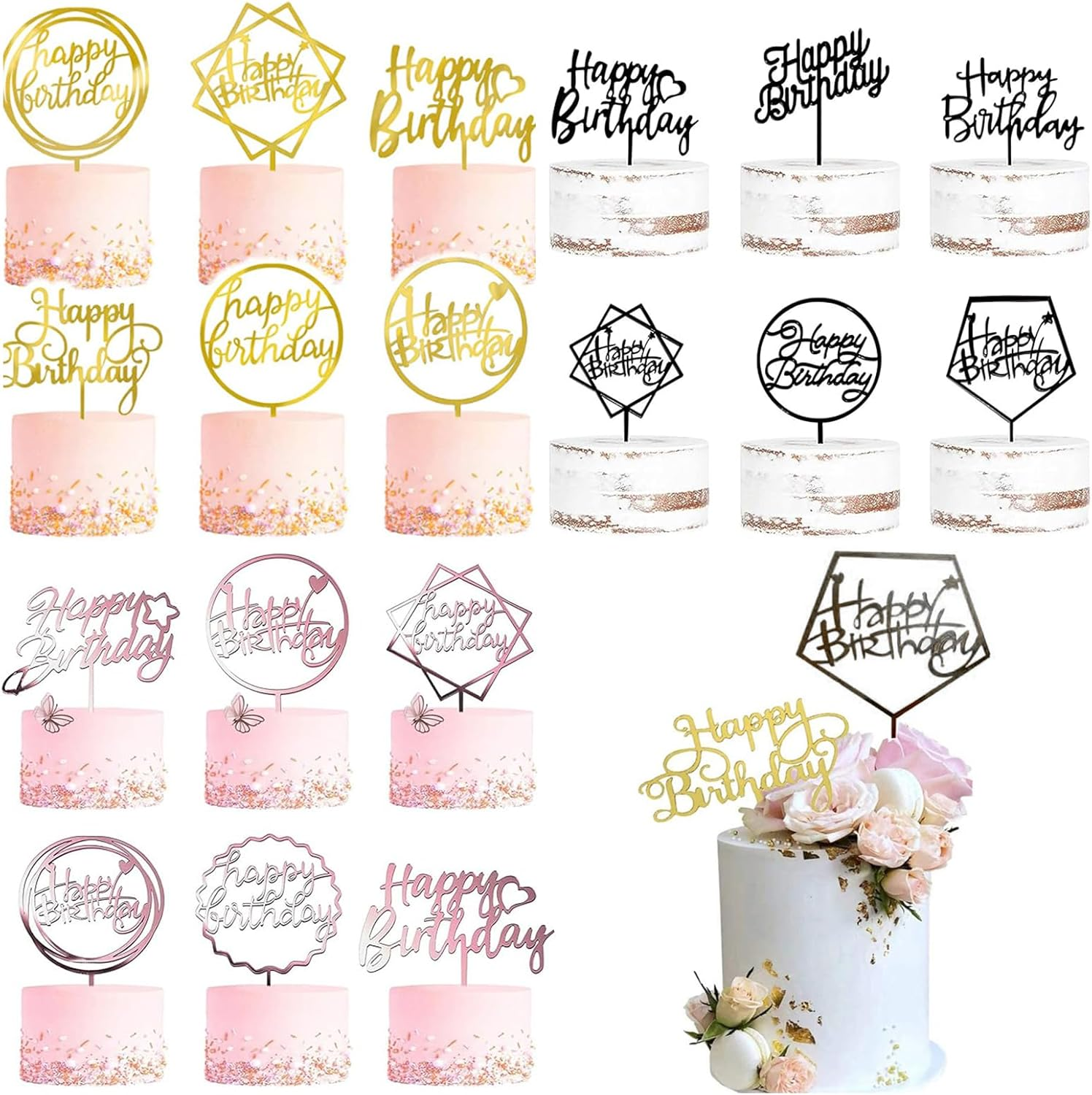 3 Colors Birthday Cake Topper Set - Double-Sided Glitter Acrylic Happy Birthday Cake Toppers & Cupcake Toppers for Birthday Party Decorations, Wedding, Anniversary, DIY Dessert Decor (18 PCS) image number 2