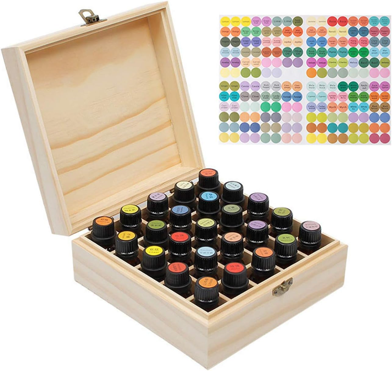 Fantasyday Wooden Essential Oil Storage Box Case, Portable Organizer Holds 25 Bottles 5 Ml, 10 Ml and 15 Ml Sizes - Pine Wood Holder Safe for Carrying and Home Storage Display