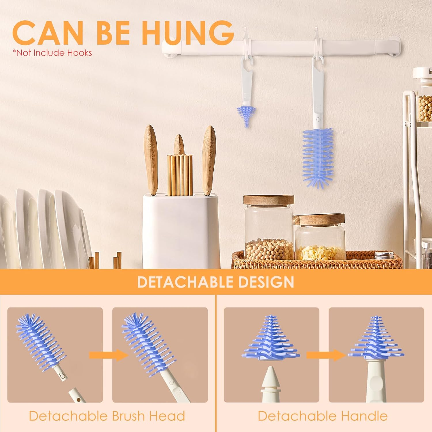 Travel Bottle Brush Set with Stand, Portable Bottle Cleaner Kit with Silicone Bottle Brush, Drying Rack, Nipple Brush, Straw Brush, Soap Dispenser (Blue) image number 4