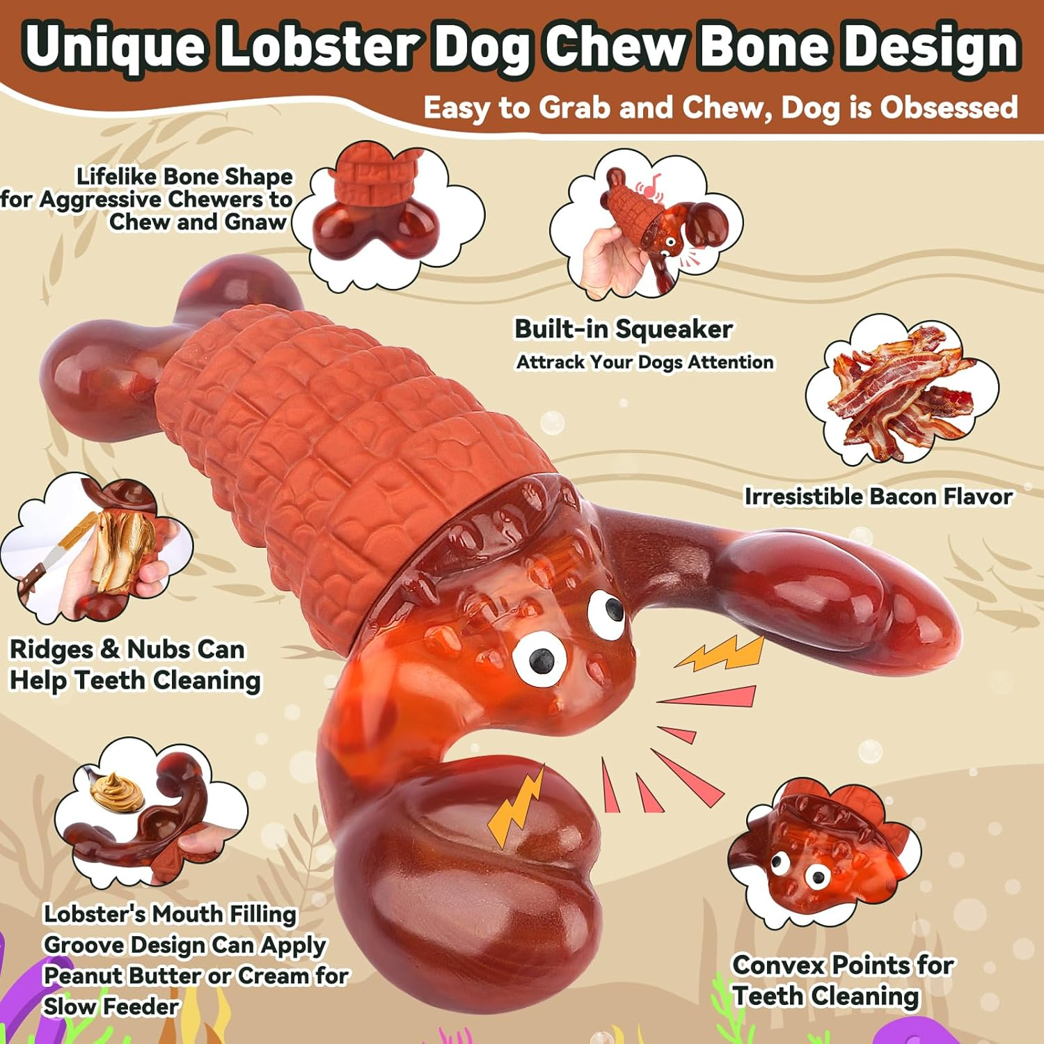 Dog Toys for Aggressive Chewers, Interactive Dog Chew Toys for Large Dogs, Indestructible Squeaky Dog Toys to Keep Them Busy, Tough Dog Toys for Medium/Large Breed Dogs (Red, Squeaky Lobster) - Red image number 6