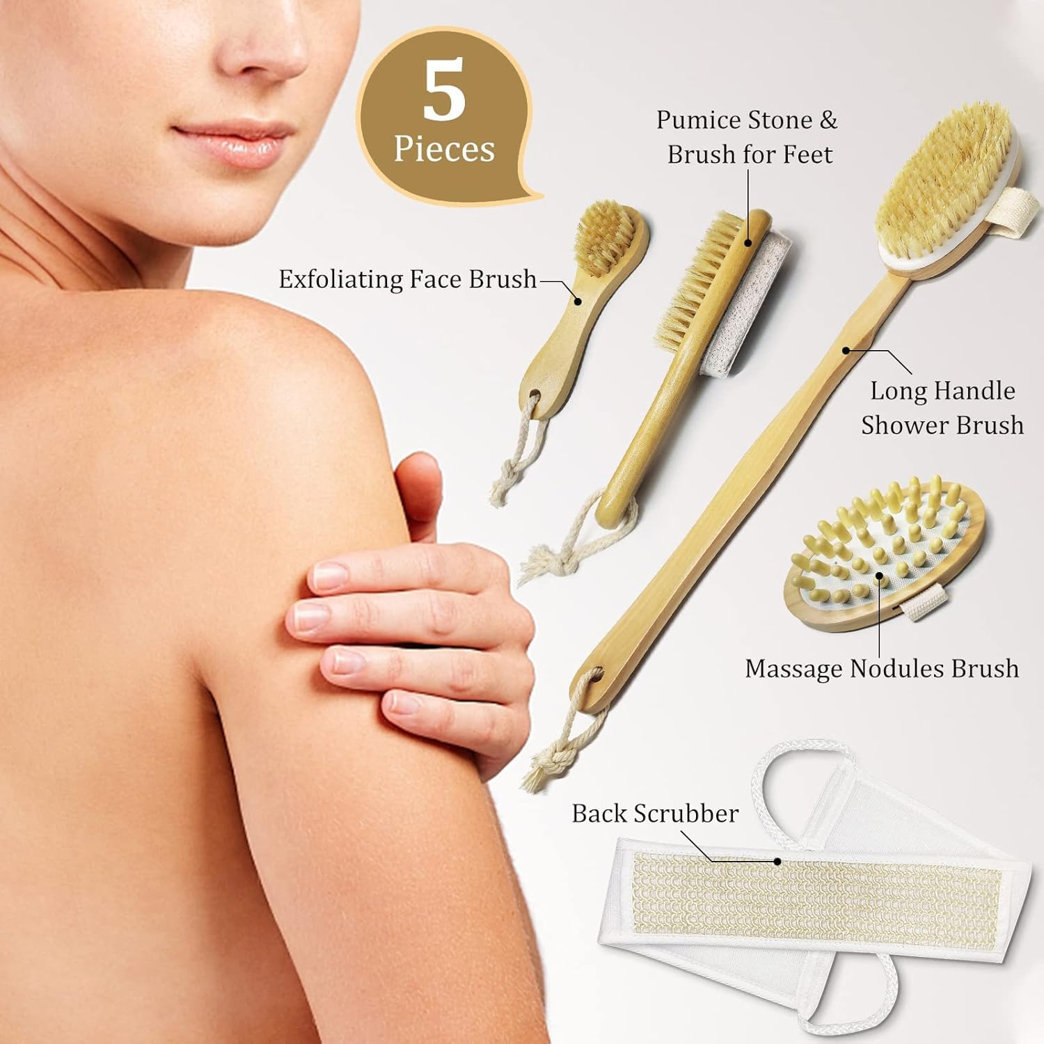 5 Pcs Exfoliating Brush Bath Brush Kit, Body Brush Set, Natural Boar Bristle Body Brush, Back Scrubber, Face Brush, Feet Brush, Massage Nodules Brush Wooden, Suitable for All Kinds of Skin image number 1