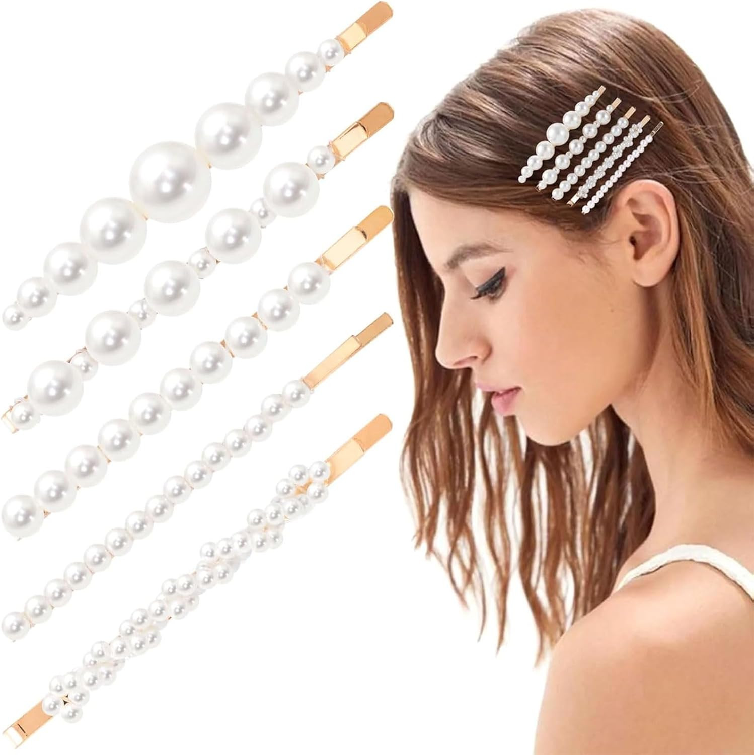TELAIN Vintage Pearl Bobby Clips, Set of 5 with Different Designs, Retro Hair Accessories for Everyday, Parties and Special Occasions