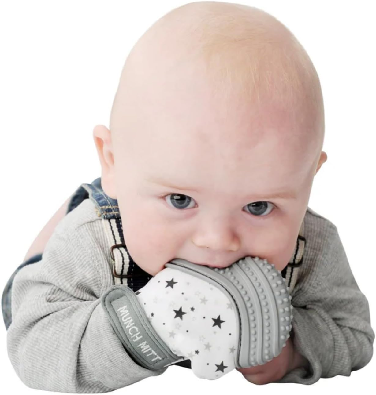 Munch Mitt Bundle Unisex, X1 Mint Green (MM06GT) and X1 Grey Stars (MM08GS) Teething Mittens image number 6