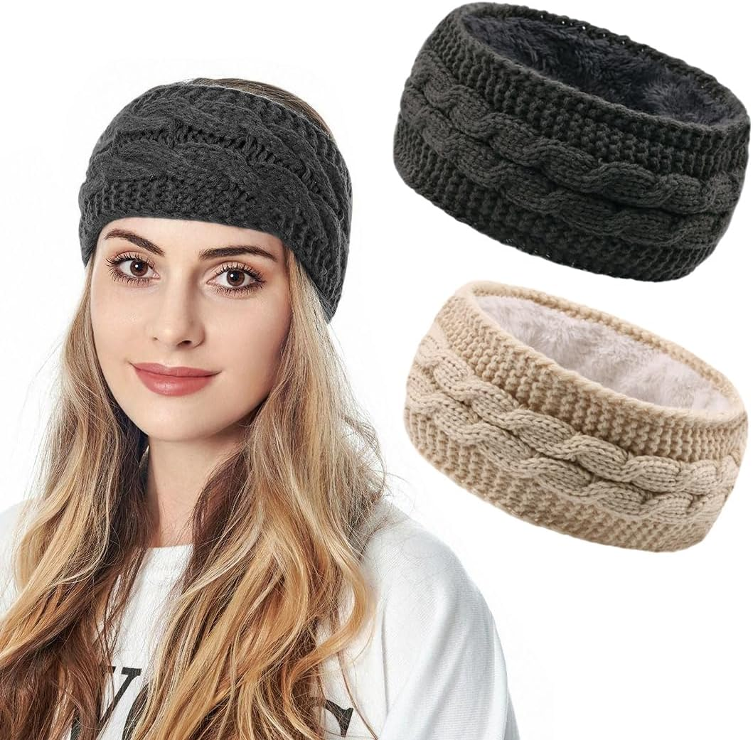 Women'S Winter Headband, Knitted Hair Bands, Winter Crochet Head Wrap, Women'S Winter Headband, Elastic Hair Band, Dark Grey, Beige, Pack of 2 image number 1
