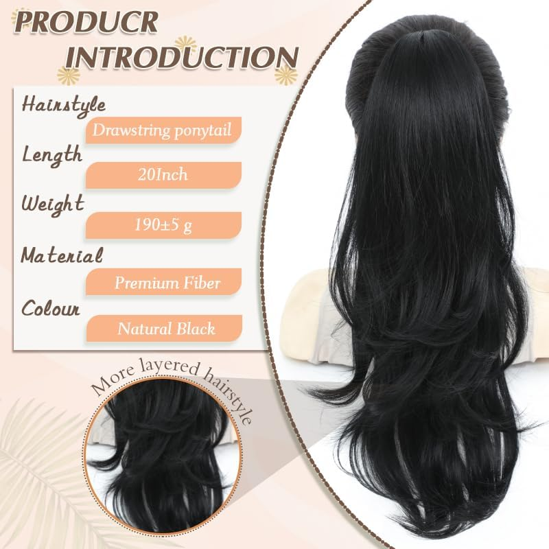 Ponytail Extensions Natural Black Drawstring Ponytails Hair Extensions 20Inch Wavy High Layered Pony Tail Hair Pieces for Women Soft Hair Ponytail Extension