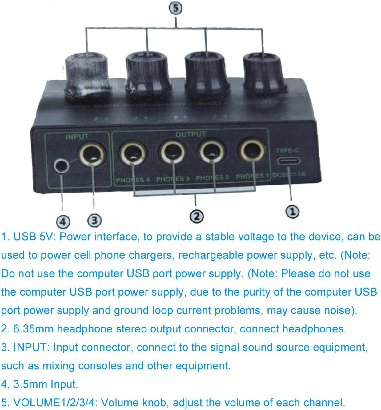Generic Headphone Amplifier, 4 Channels Metal Stereo Audio Amplifier with Independent Volume Control, Stereo Headphone Amplifier with Knob Volume Adjustment for Studio Stage image number 1