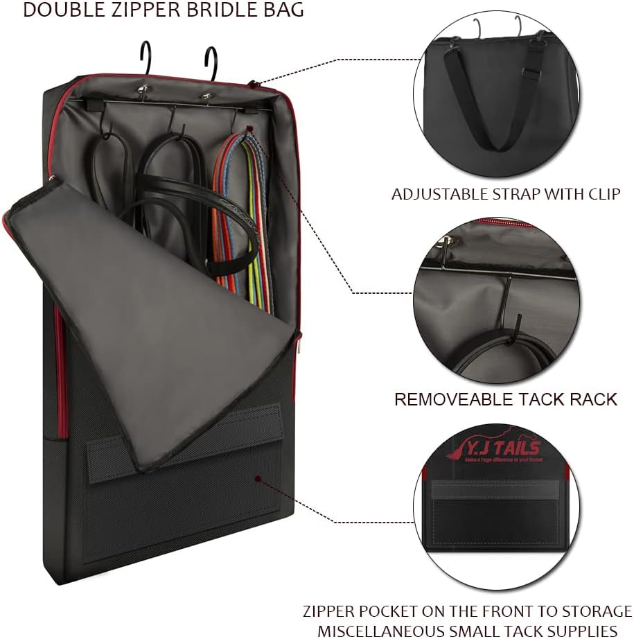 Y.J TAILS Horse Tack Carry Bag, Horse Harness Bag for Halters, Bridle, Equestrian Reins, Bits and Headstalls, Miniature Horse Harness with 3 Prong Tack Rack (Black) image number 2