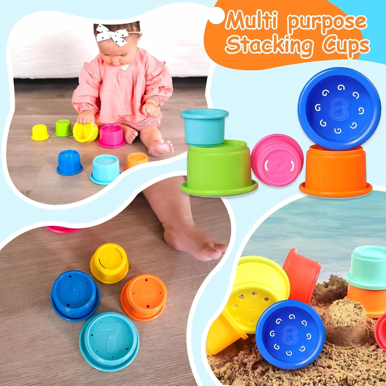 Stacking Cups, Baby Toys for Toddlers 1-3 Year Old Stack and Count, Multicolour Baby Stacking Water Set, Stackable Cup for Learning, Toddler Cups Water Table Toy, Baby Bath Toy (8 Count) image number 2