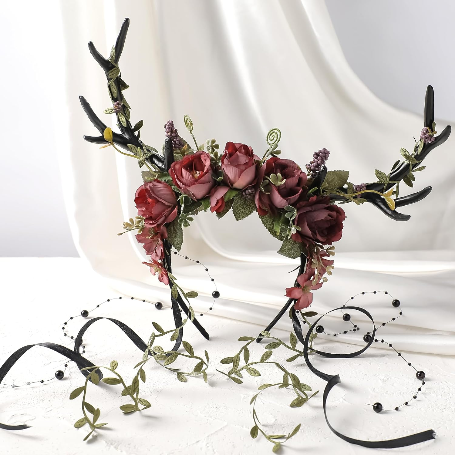 MOSTORY Flower Reindeer Headband for Women - Floral Antler Headpiece Woodland Deer Horns Hairband for Renaissance Cosplay - Black-Red image number 4
