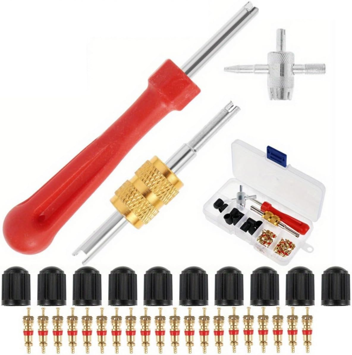 33 PCS Tire Valve Stem Puller Tools Set,Klhcduo Include Tyre Valve Caps Snap-In Valve Stems,Dual & Single Head Core Remover, Valve Cores, 4 Way Valve Tool for Car Vehicle Motorcycle Truck Bicycle image number 3