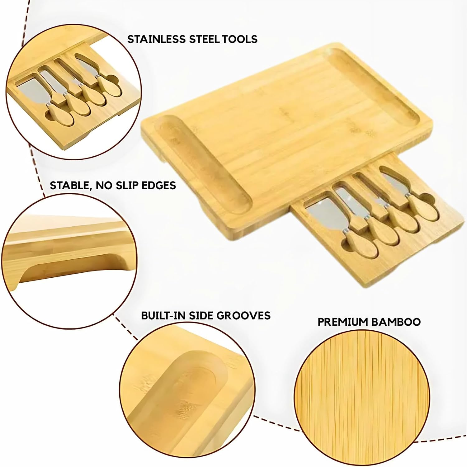 Premium Bamboo Cheese Board Gift Set Large Charcuterie Board with Slide-Out Drawer, Stainless Steel Knives & Accessories Ideal Gift - Housewarming, Weddings, Parties Present for Wife, Mum image number 4
