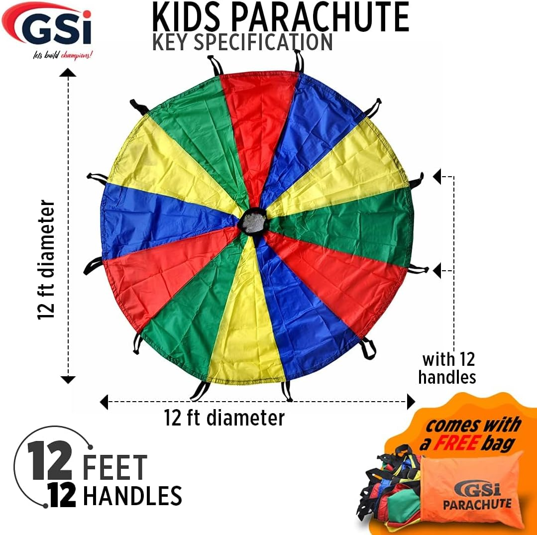 GSI Kids Play Parachute Rainbow Parachute Toy Tent Game for Children Gymnastics Cooperative Play and Outdoor Playground Activities (12 Feet 12 Handles)