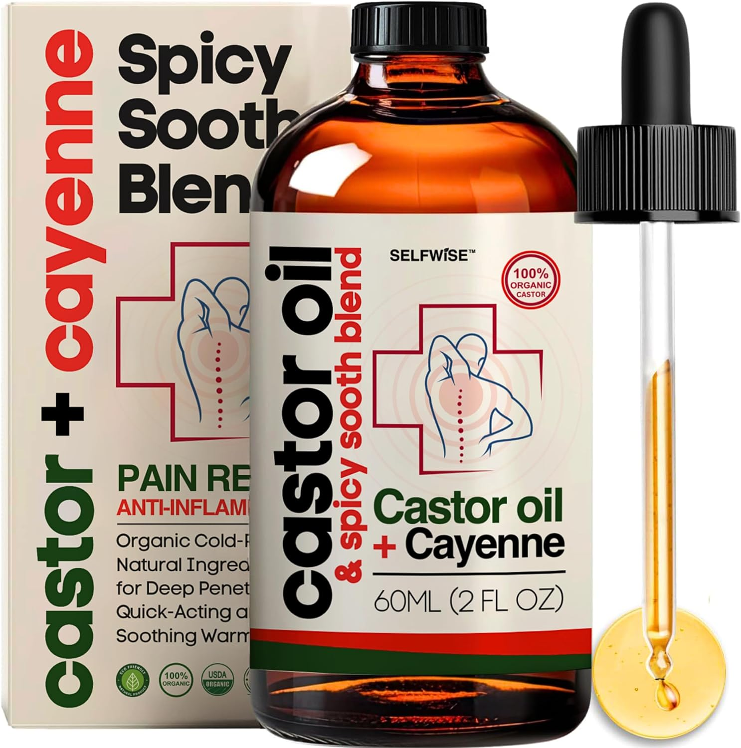 Organic Castor Oil with Cayenne Pepper - Skin-Nourishing, Soothes Muscles & Joints, Enriched with Vitamin E for Men and Women. Ideal for Daily Comfort