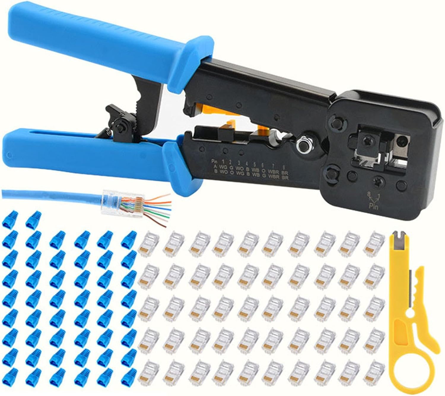 RJ45 Crimping Tool Ethernet Crimper for Cat6 Cat5 Cat5E RJ45 Pass through Connectors and R11/RJ12 Regular Ends with 50Pcs Connectors, 50Pcs Covers and Mini Wire Stripper (Crimper Only)