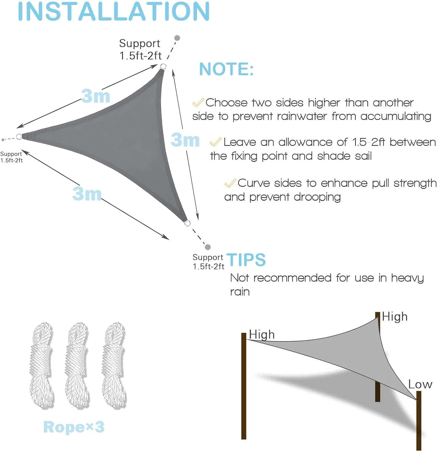 Sunal Triangle Sun Shade Sails 3&times;3&times;3M, Waterproof Shade Sail for Garden, 95% UV Blocking Outdoor Sun Shade Shade Canopy with Free Rope for Outdoor Garden Pergola Patio Party Backyard Lawn, Grey image number 5