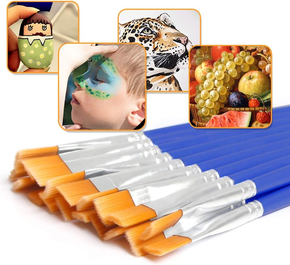 UPINS 60 Pcs 9Mm Wide Flat Paint Brushes Set with Nylon Hair, Small Brush Bulk for Detail Painting Short Plastic Handle Acrylic Oil Watercolor Fine Art Painting for Kids Students Starter Adults Artis image number 3