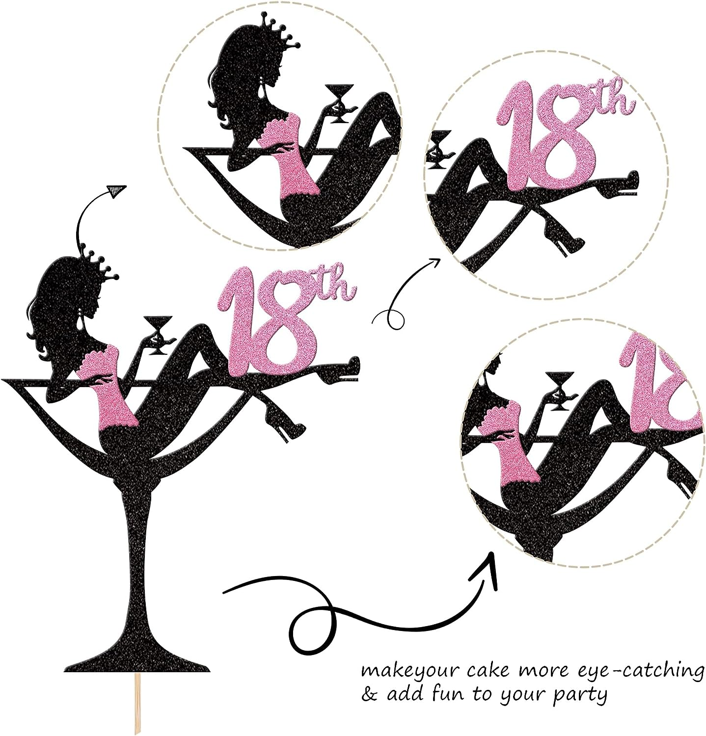 1 Pack Sitting Girl Silhouette Cake Topper Glitter Eighteen High Heel Girl Cake Pick Cheers to 18Th Cake Decorations for Makeup Spa Theme Happy 18Th Birthday Party Supplies (Pink) image number 6