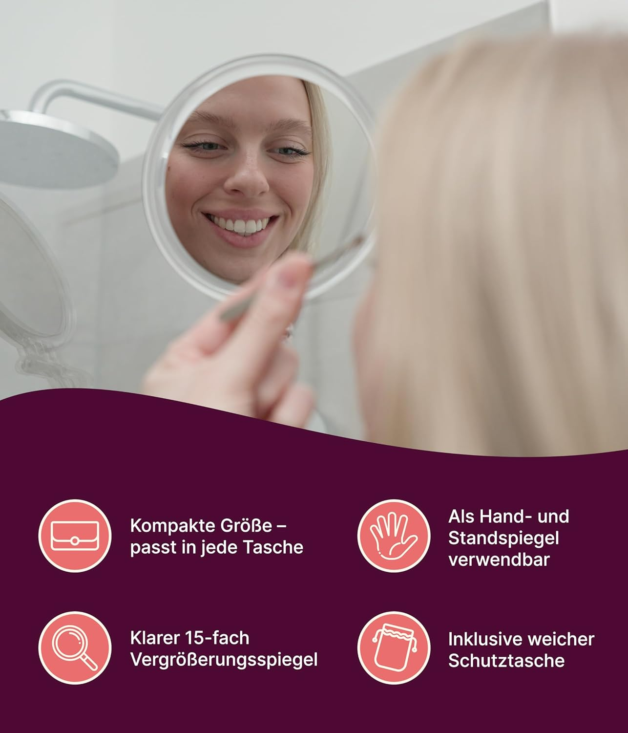 Fantasia Travel Mirror Acrylic Foldable: Double-Sided Makeup Mirror with 10X Magnification, Cosmetic Mirror with Handle, Make up Mirror Small with Gift Case Made of Velvet - Compact Mirror Clear - 16 Cm