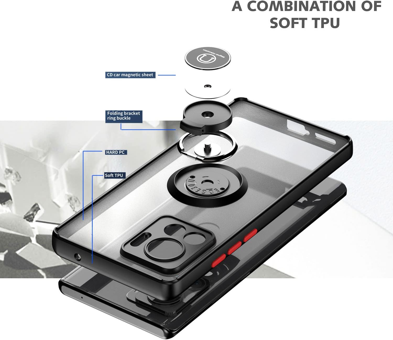 XINYEXIN Case for Motorola Edge 30 Ultra with Ring Stnad Shockproof Mobile Phone Case Anti-Scratch Translucent PC Back + Soft TPU Bumper Case Cover - Black image number 3