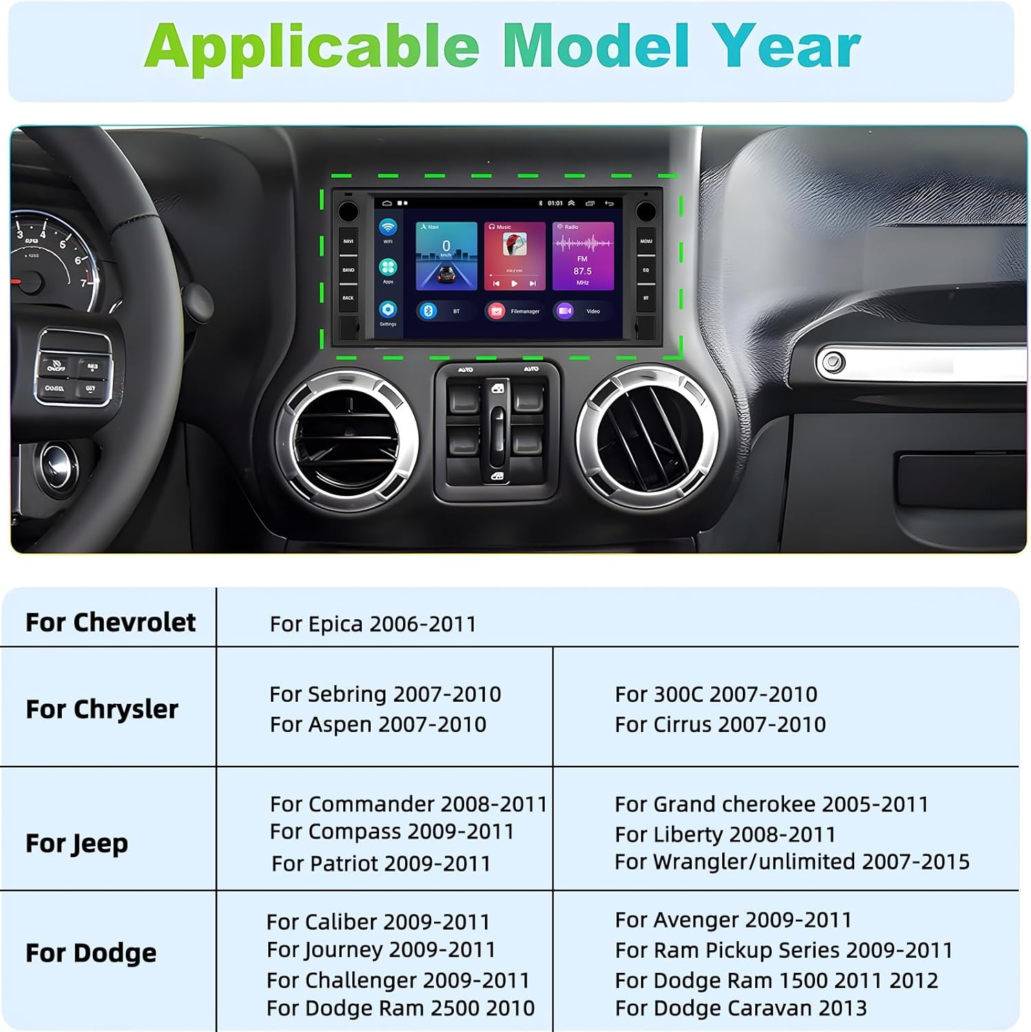 Podofo 2+64G Car Stereo for Jeep Wrangler Dodge Chevrolet RAM 1500 Android Radio with Wireless Apple Carplay, 7" Touchscreen Stereo with Wifi, GPS, RDS/FM Radio, Bluetooth + Backup Camera & Mic image number 3