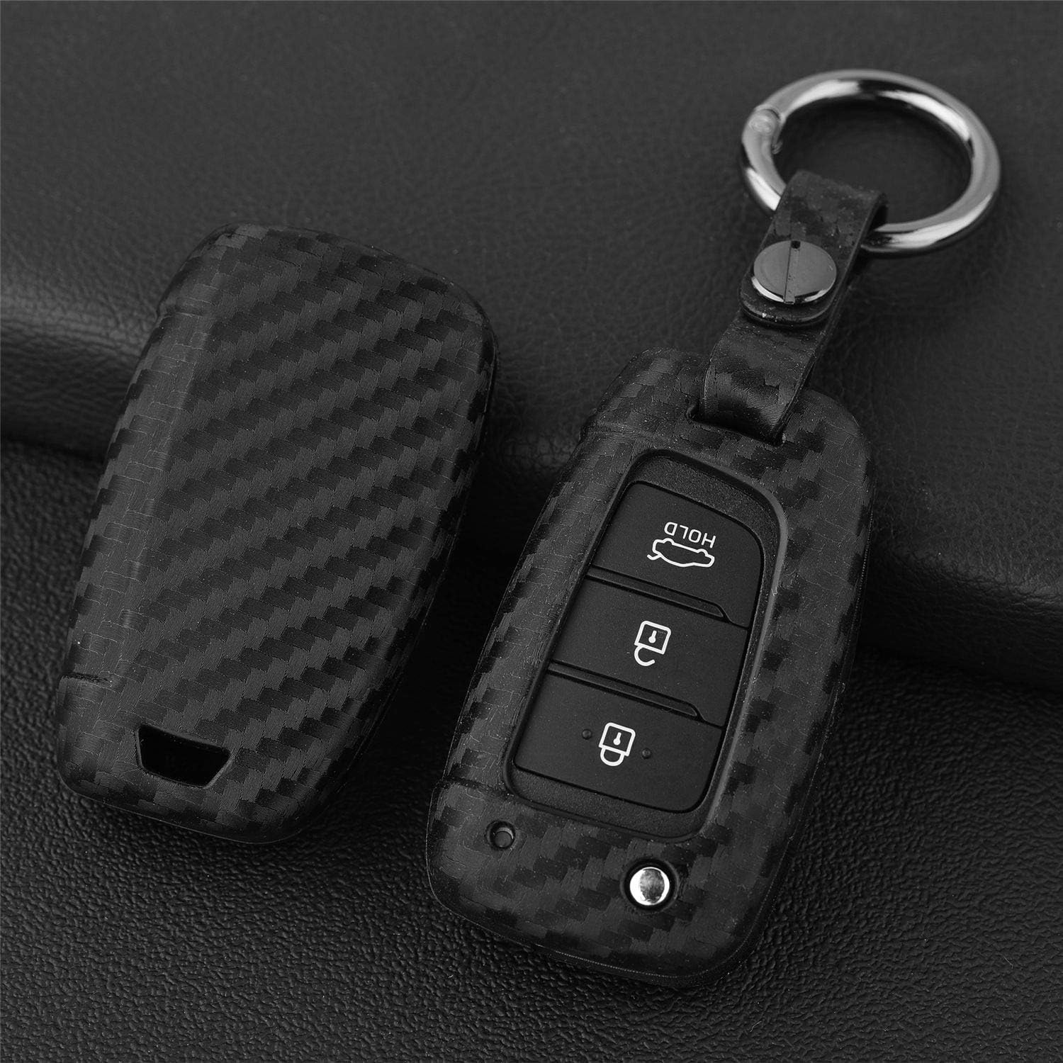 M.Jvisun Soft Silicone TPU Car Key Fob Cover for Hyundai Accent Elantra I30 I35 I40 Kona Santa Fe Solaris Tucson Veloster Auto Remote Key Protection Case - Carbon Fiber Pattern - round Keychain image number 2