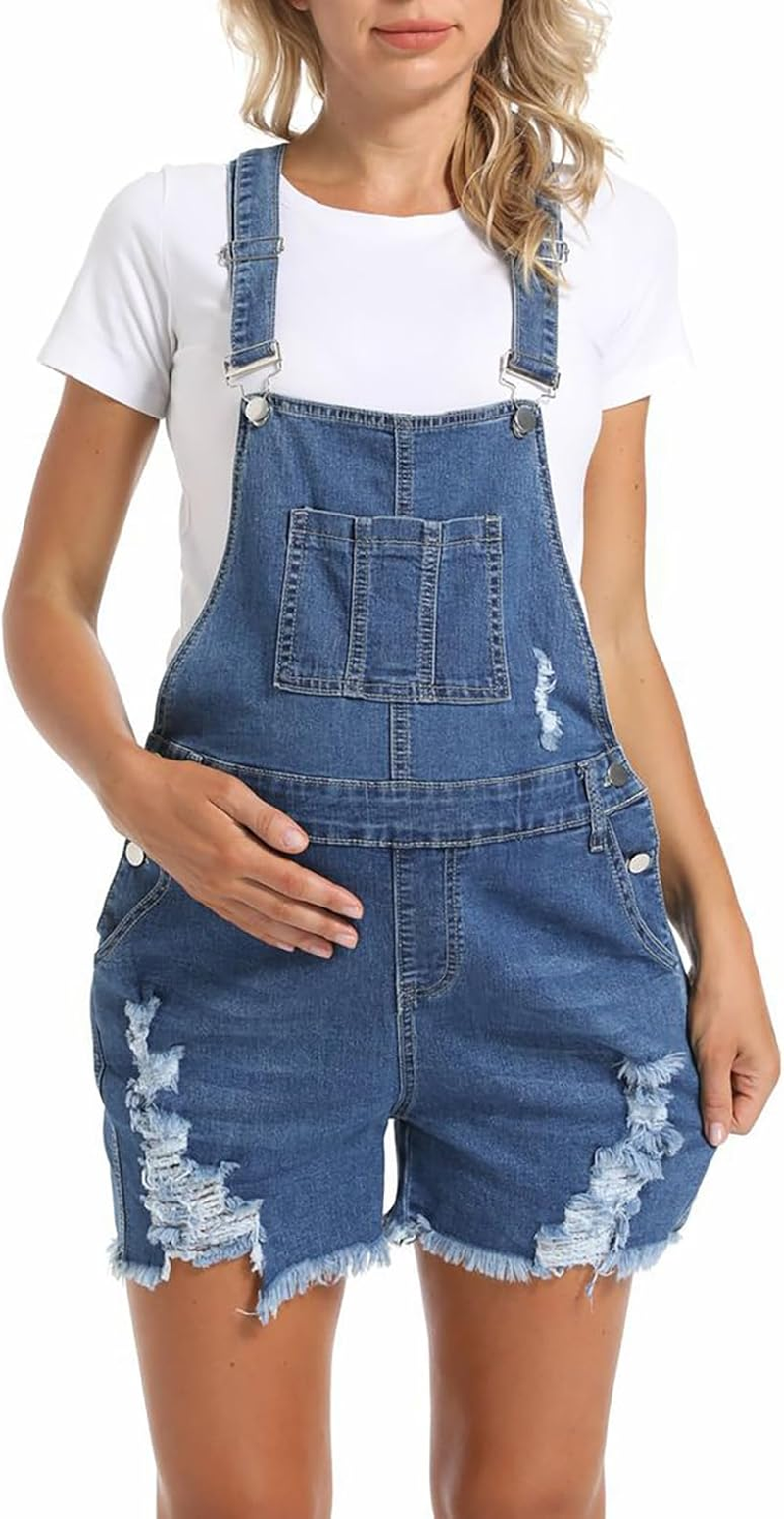 Maternity Denim Overall Shorts for Women Ripped Jean Bib Romper Shorts with Adjustable Straps