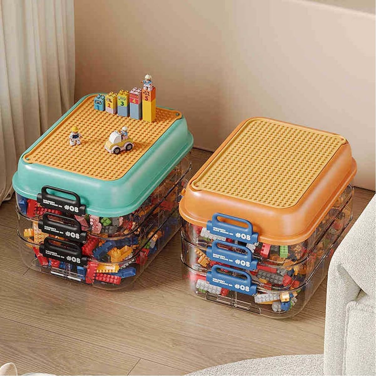 AIMALL Multi-Compartment Toy Storage Box with Small Parts Classification, Building Blocks Storage Box, Sorting Organizer with Large Capacity for Kids - Orange, Green - Orange image number 6