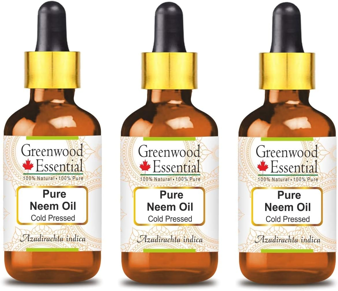 Greenwood Essential Pure Neem Oil (Azadirachta Indica) with Glass Dropper Cold Pressed (Pack of Three) 100Ml X 3 (10 Oz)