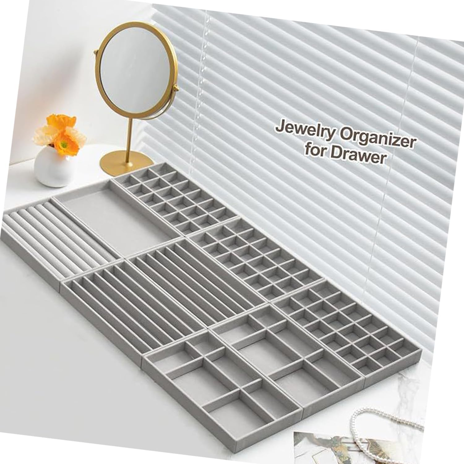 WEZCHUGHAOL Velvet Jewellery Storage Trays, Set of 6, Stackable Organiser for Drawers, Grey