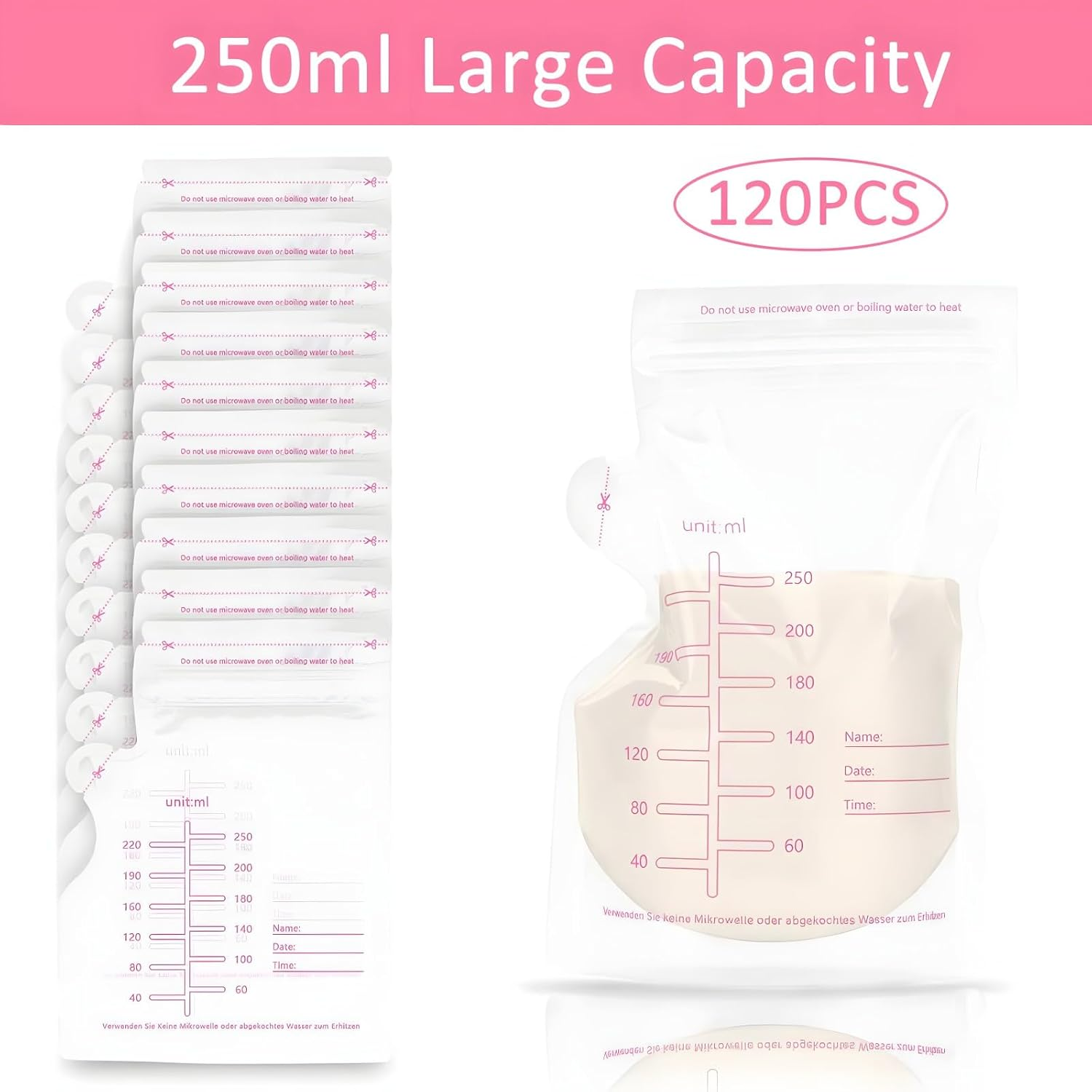 Breast Milk Storage Bags, 120 Pack Disposable Leakproof Breastmilk Storage Bags, 250Ml Capacity, Double Track Seal, Pre-Sterilised, BPA Free image number 2