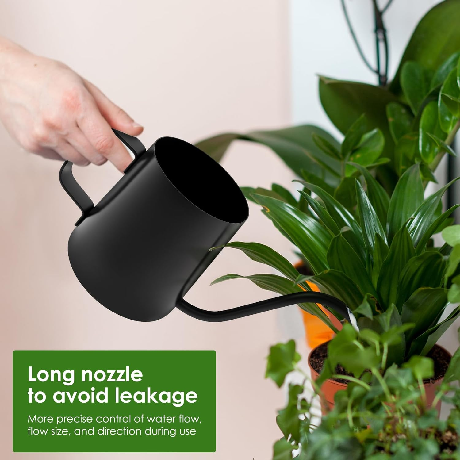 Fwqofvk 12Oz/350Ml Small Watering Can, 304 Stainless Steel Plant Watering Can with Ergonomic Handle, Rustproof Watering Pot for Indoor Plants (Black) - Silver image number 5