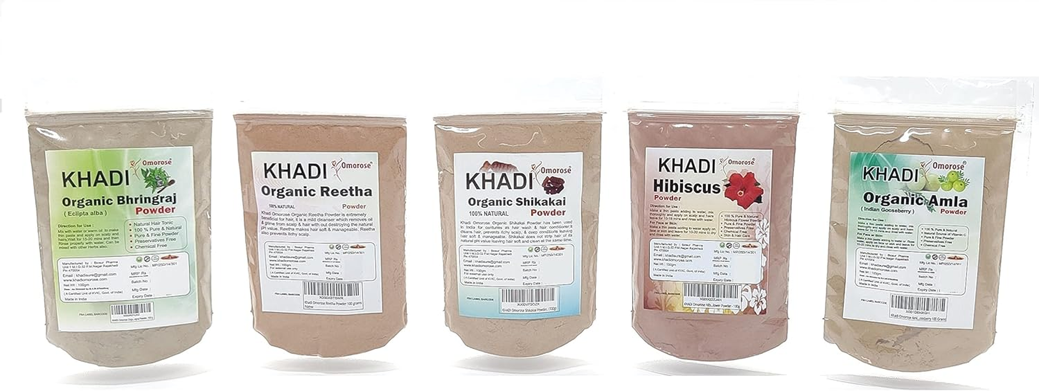 Khadi Omorose Amla Reetha Shikakai Bhringraj Hibiscus Powder Combo (Pack of 5)