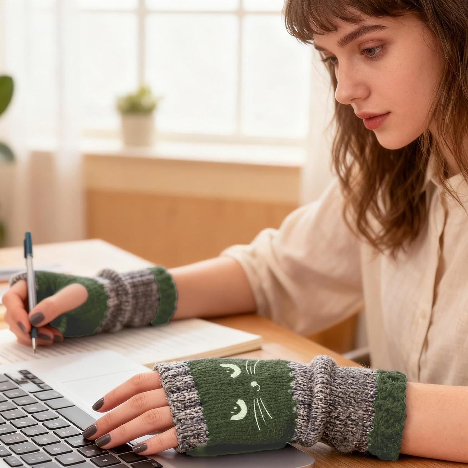 Cat Embroidery Patchworks Knitted Gloves, Cat Embroidery Outdoor Warming Supplies,Fashionable Fingerless Casual Women'S Gloves for Cats Lovers Women Girls Ladies - Black image number 5