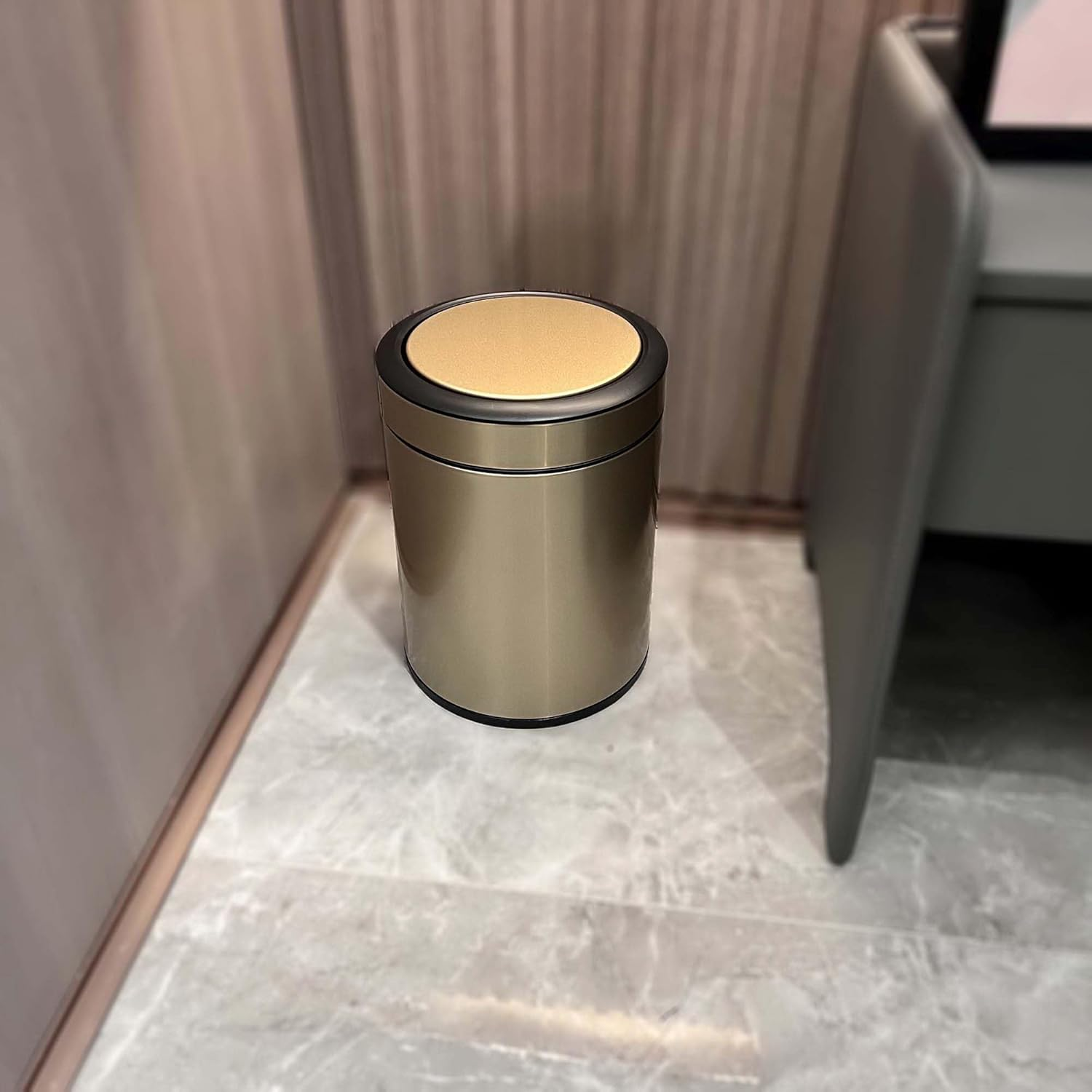 Kingsuns Luxury Hotel Dustbin with Lid Stainless Steel 8 Liter Small Trash Can Cylindrical Golden Color Fashion for Office, Living Room, Bedroom, Restroom, Beauty Salon, DB736B